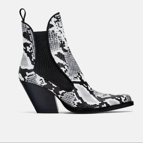 Zara Black and White Snake Print Ankle Boots - Picture 3 of 11